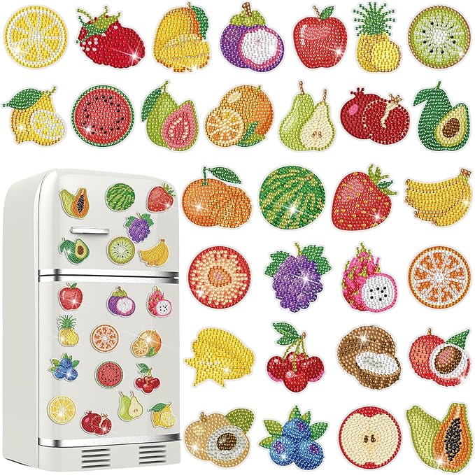 30 Pcs Diamond Art Painting Magnets Fruit Fridge Magnetic Diamond Art Painting Kits Fridge Sticker Magnet DIY Craft for Adult Beginner Toy Xmas Home Office Decors