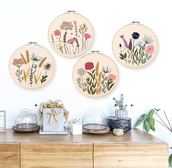 reewisly embroidery kit for beginners 4 sets, hand diy cross stitch kits,2 pcs embroidery hoop,4 pcs plants flowers embroidery patterns and threads,easy for the embroidery beginners to learn…
