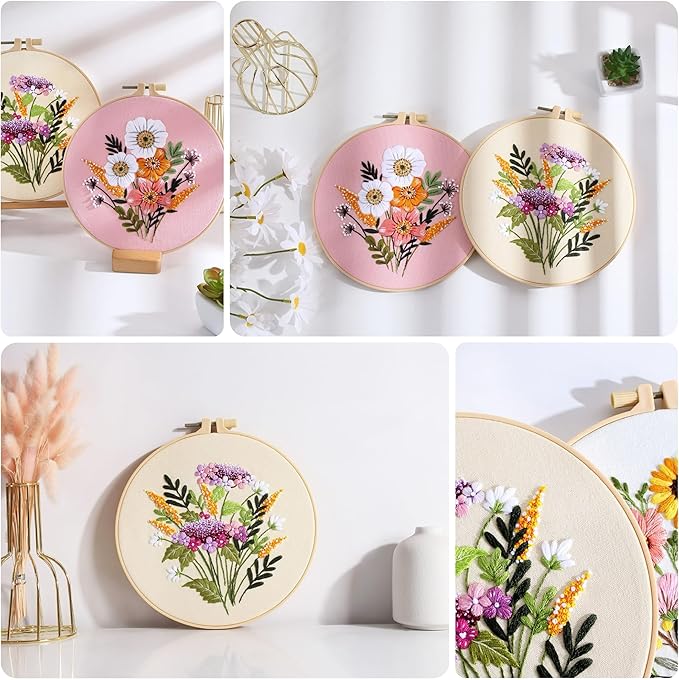 Offizon 3 PCS Embroidery Kit for Beginners - Cross Stitch DIY Craft Set, Flower Embroidery Accessories & Hoop Included, Hand Embroidery Kit for Adults Stitching Sewing Kit Gift | FlowerB Patterns