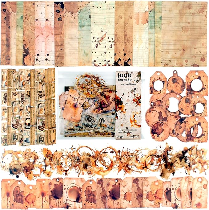 Vintage Scrapbook Kit, 90 Sheets Coffee Stain Manuscripts Materials, Scrapbooking Stickers and Decorative Papers Collage, Ephemera for Junk Journal Supplies, Journaling, Crafts Arts, Scrap Booking