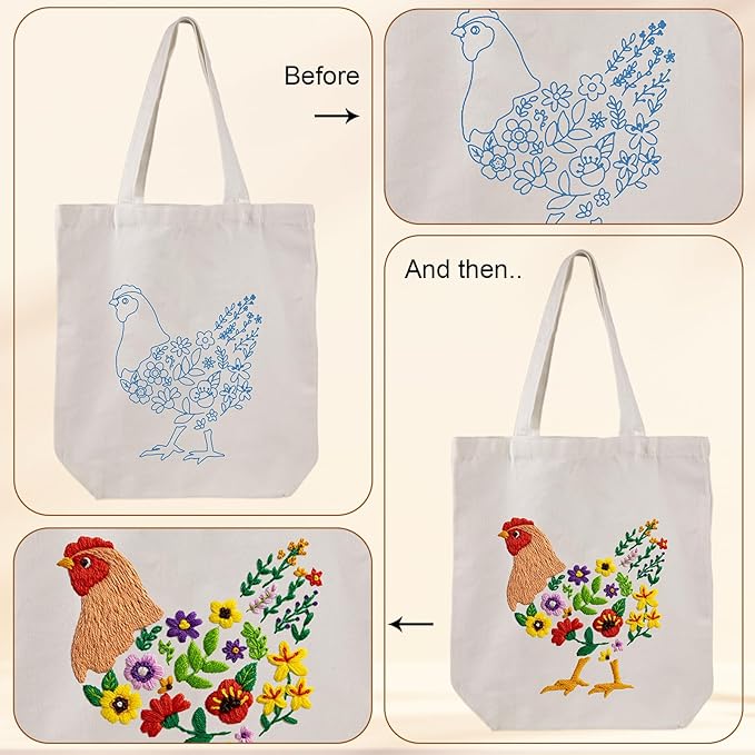 louise maelys embroidery kit canvas tote bag for beginners,cross stitch kits for adults,diy hen flowers pattern,women shopping reusable grocery bags