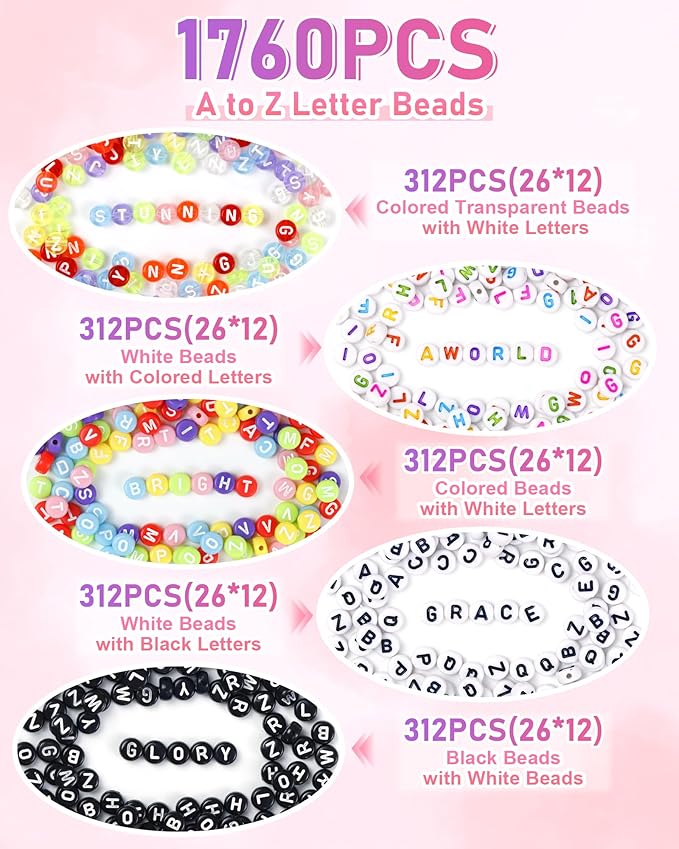 1760PCS FIVEIZERO Colored Round Letter Beads, 4x7mm Acrylic Alphabet Beads for Jewelry Making, Friendship Bracelet Making Kit for Necklace, Keychain & DIY Crafts