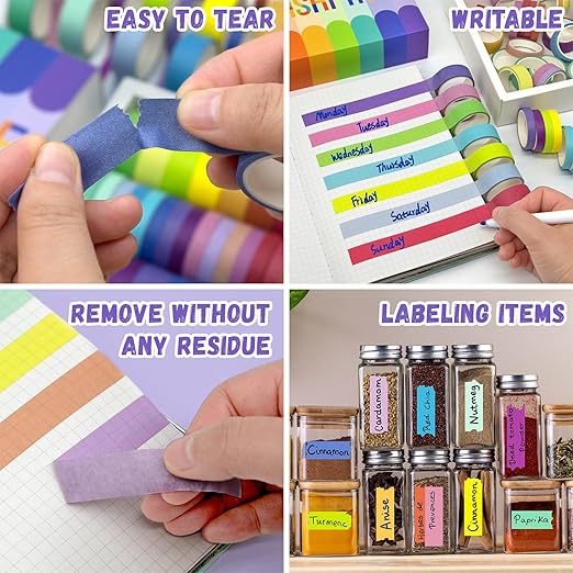 WAPETASHI Washi Tape Set - 40 Rolls, 2 Sizes Rainbow Decorative Tape for Journaling & Scrapbooking