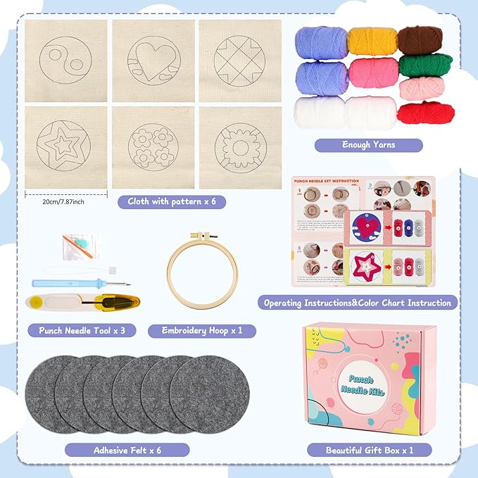 AIRDEA Punch Needle Drink Coasters Kit,Casual Punch Needle Embroidery Complete Kits for Beginner 3.29x3.29 Inches,Included All Accessories,DIY Car Coasters (Box-Blue Pink Yellow)