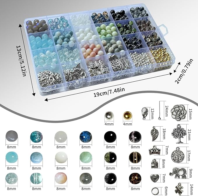 8mm Glass Bead Bracelet Making Kit for Adults & Teens – 414pcs Real Crackle Glass Beads with Charms, Neutral Color Jewelry Set