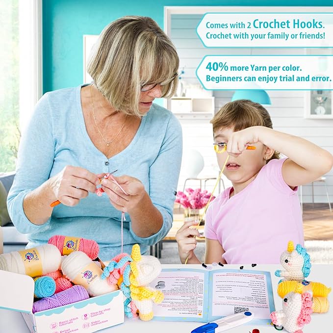 Crochetta Crochet Kit for Beginners, Amigurumi Crocheting Animals Kits w Step-by-Step Video Tutorials, Knitting Starter Pack for Adults and Kids, Jumbo 3 Unicorn Familly (40%+ Yarn Content)