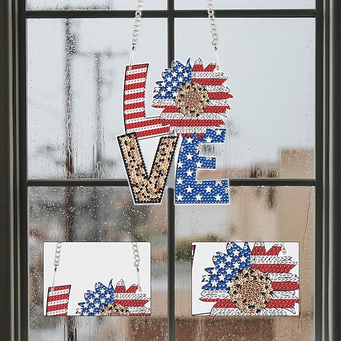 AiYuanzsh Patriotic Diamond Painting Hanging Sign – Love Door Wall Decoration with American Flag Sunflower, Leopard Print, DIY 5D Rhinestone Art Craft for 4th of July Home Decor