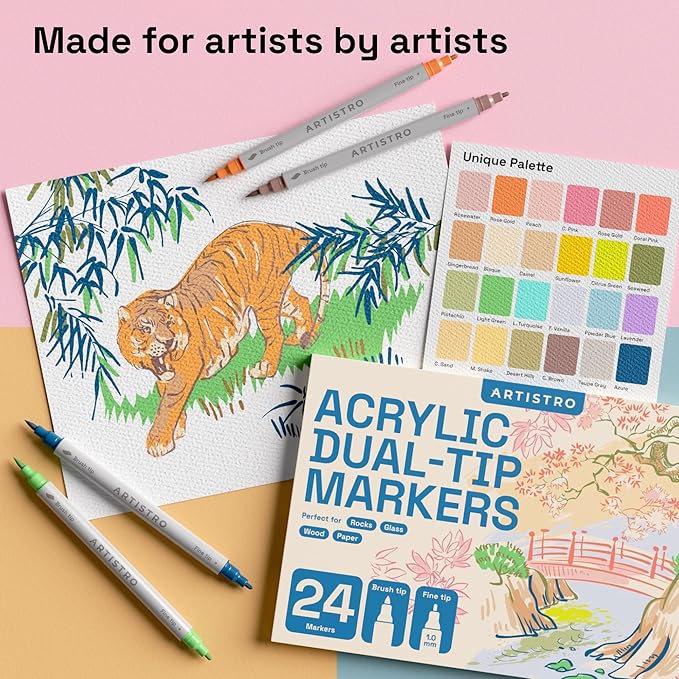 ARTISTRO 24 Pastel Acrylic Paint Markers - Paint Pens for Drawing, Brush + Fine Tips - For Fabric, Rock, Glass, Wood, DIY, Eggs - Art & Craft Supplies for Adults, Teens, Kids - Easter Basket Stuffers