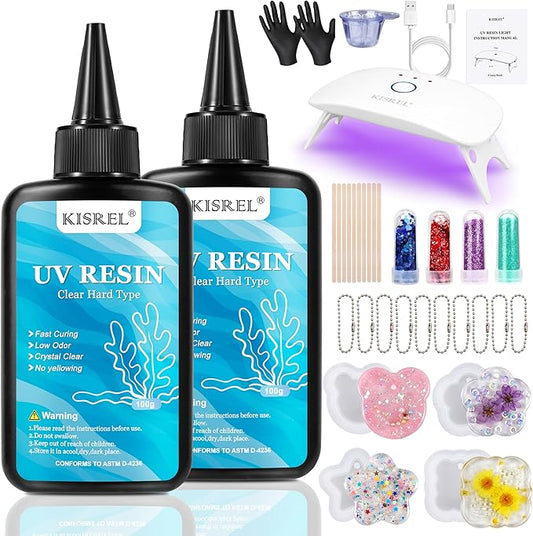 KISREL UV Resin Jewelry Making Kit, 200g Crystal Clear Resin with Light and Molds, DIY Jewelry Making Kit, Resina Starter Kit for Keychain and Earring