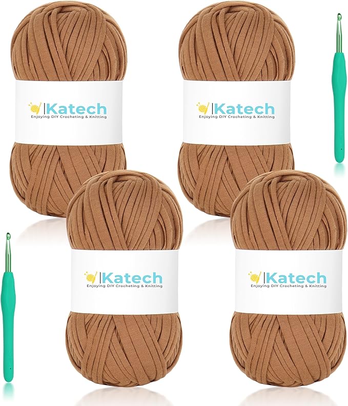 Katech 400g T-Shirt Yarn for Crocheting, 130yds Elastic Fabric Crochet Spaghetti Yarn for Hand DIY Bag & Basket Cushion Crocheting Projects, Home Decor (Lightbrown)