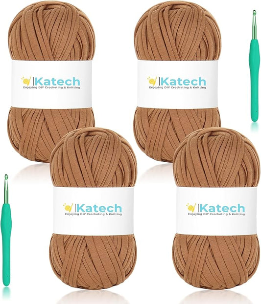 Katech 400g T-Shirt Yarn for Crocheting, 130yds Elastic Fabric Crochet Spaghetti Yarn for Hand DIY Bag & Basket Cushion Crocheting Projects, Home Decor (Lightbrown)