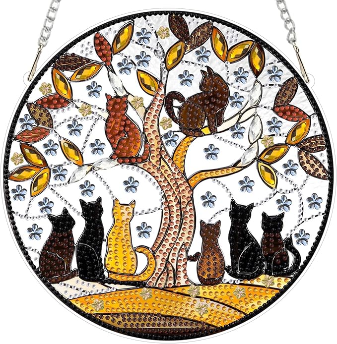EOBROMD Diamond Hanging Art Kits for Adults, Diamond Art Painting Cats on Branch Window Pendant Kits Suncatchers, DIY Special Shaped Rhinestone Adults, Home Wall Decor