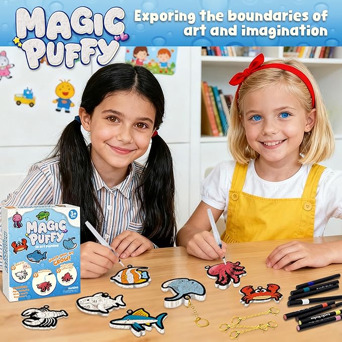 MZYTOZA Magic Foam Texture Painting Kit - 3D Art Craft Aqua Magic Puffs Paint Kit, 15 Mess-Free Paint by Number Craft for Kids（Marine Animals