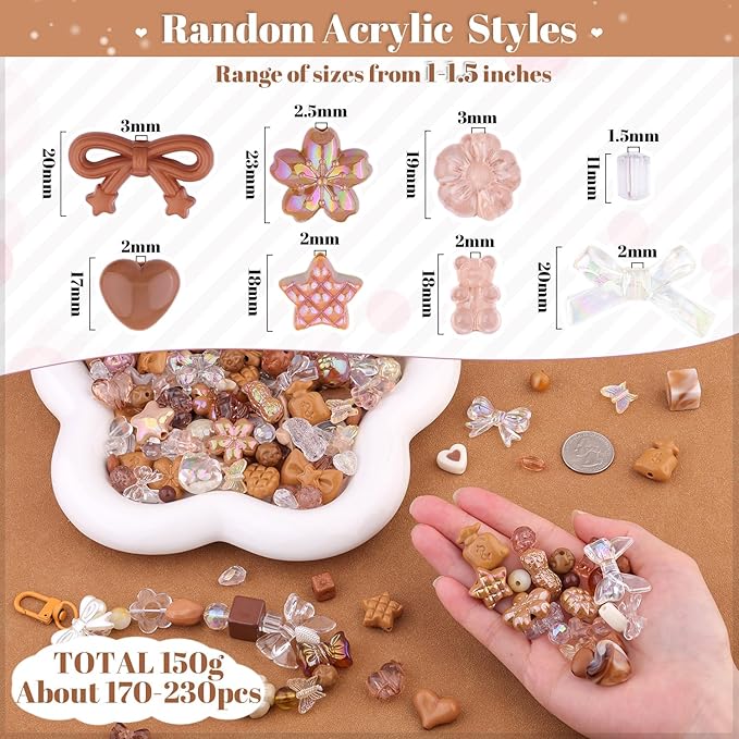 200-260pcs tinkrstuff assorted acrylic beads brown cute beads for bracelet making, aesthetic gummybear bow flower candy butterfly kawaii charms for jewelry making diy necklace keychain phone charm