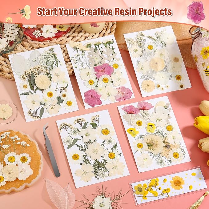 Dried Pressed Flowers for Resin, Real Pressed Flowers Dry Leaves Bulk Natural Herbs Kit for Scrapbooking Art Crafts Epoxy Resin Jewelry Mold Candle Soap Making Nails Décor (White & Pink Floral)