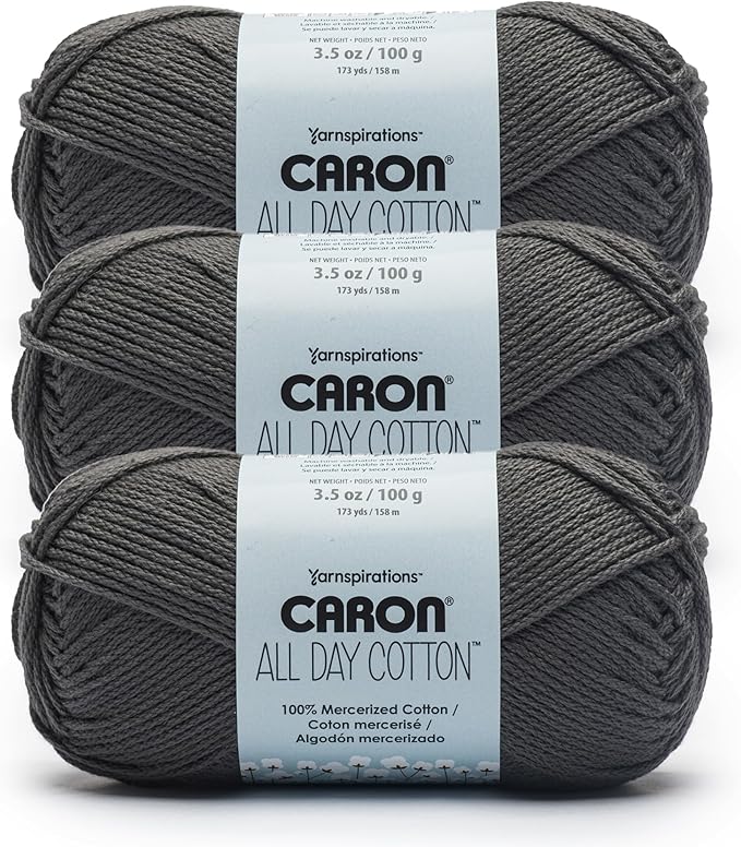 Caron All Day Cotton - 3 Pack of 173 Yards/3.52 oz Gray 100% Mercerized Cotton Yarn