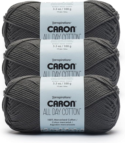 Caron All Day Cotton - 3 Pack of 173 Yards/3.52 oz Gray 100% Mercerized Cotton Yarn