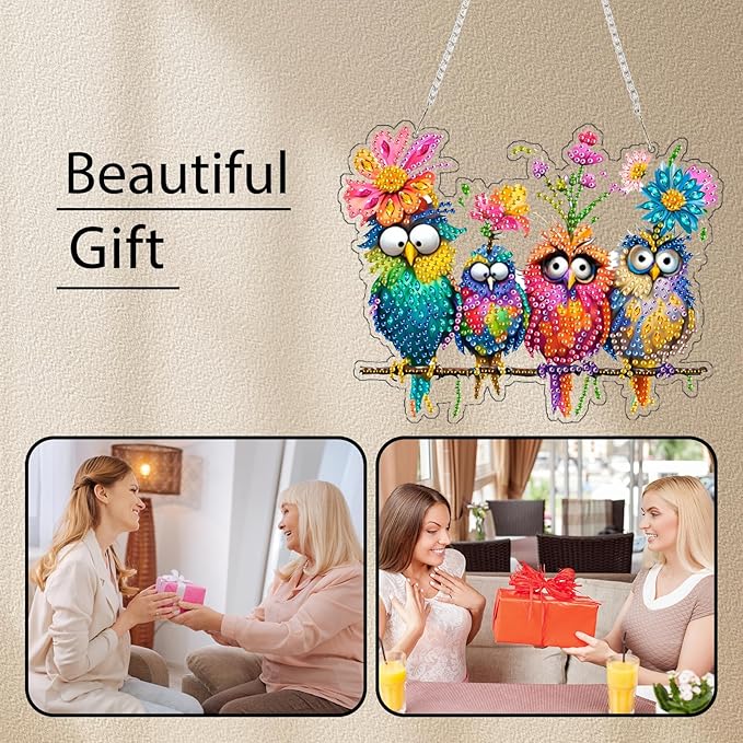 pudinbs Diamond Art Kit for Adult, 5D Diamond Art Painting Window Pendants Home Garden Wall Hanging Kits Hanging Ornament, DIY Acrylic Double Sided Ornaments (Bird)