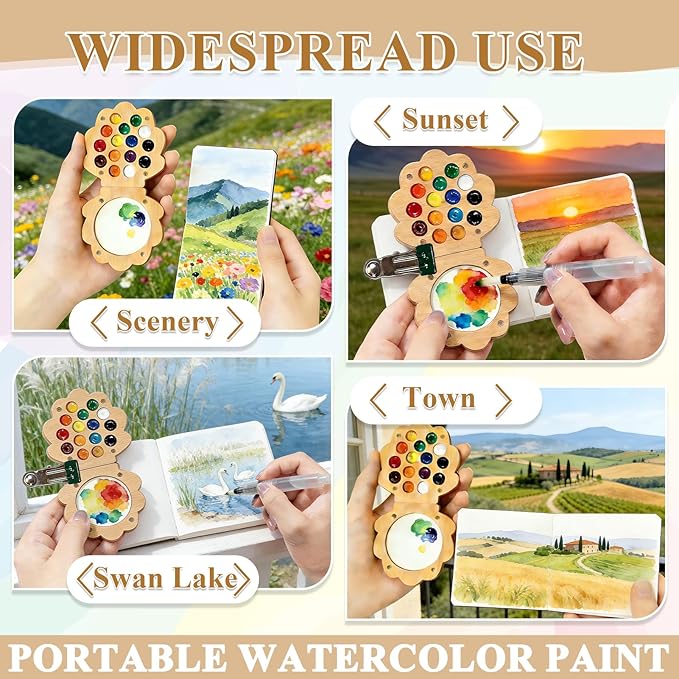 EVOCKAY Mini Watercolor Paint Palette with Clip Perfect for Artists, Painters & Students - Wooden Travel Kit 24 Colors-15 Grids（Shell-Shaped walunt）