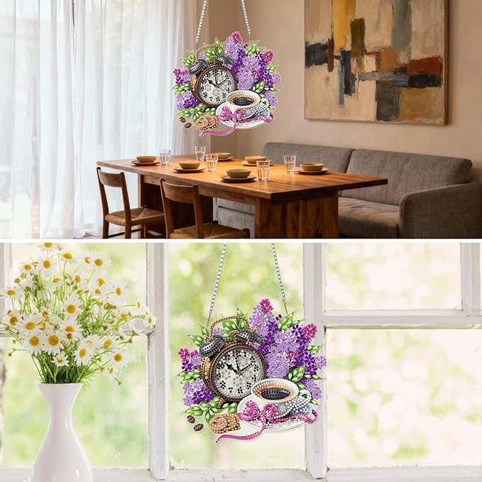 MXJSUA Flowers Coffee Diamond Painting Art Window Suncatchers, Diamond Art Kits for Adults Hanging Ornaments with Chain, 5D Special Shape Crystal Diamond Pendant Accessories for Decor Gift 8x8 Inch