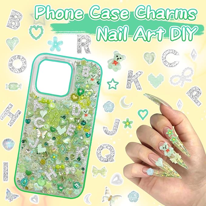 330 Pcs Green Junk Phone Case Charms 26 Pcs A-Z Rhinestone Alphabet Letter Charms, Mix Flower Bow Heart Pearls Flatback Resin Charms Letter Junk Cases Kit for DIY Crafts