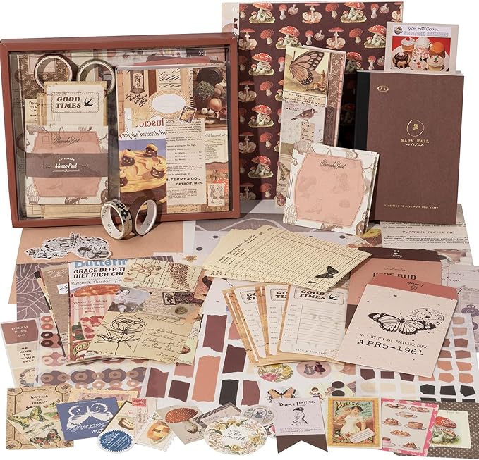 joychoic vintage junk journal supplies kit, brown scrapbook supplies, scrapbooking and journaling materials, large collection for women, stationery diy arts craft, adults