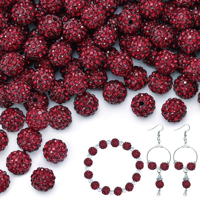 150 pcs 10mm Rhinestone Beads for Jewelry Making, Dark Red Shiny Round Shamballa Disco Beads Bulk, Sparkle Crystal Clay Christmas for Bracelet Baseball Necklace Earring Crafting and DIY