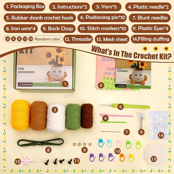Nitlak Crochet Kit for Beginners, Sunflower Potted Beginner Crochet Kit for Adults Kids Women Men, Crochet Starters Kit with Step-by-Step Video Tutorials, Complete Crochet Accessories for DIY Craft
