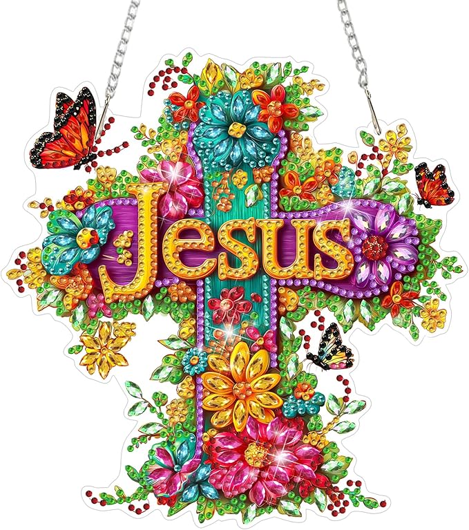MAXBYE Diamond Art Kits for Adults Hanging Pendant, Jesus Cross DIY Special Shaped Diamonds Painting Double Sided Rhinestone Gem Art for Beginners Gift Window Wall Door Decoration 8×8 Inch