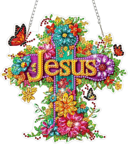 MAXBYE Diamond Art Kits for Adults Hanging Pendant, Jesus Cross DIY Special Shaped Diamonds Painting Double Sided Rhinestone Gem Art for Beginners Gift Window Wall Door Decoration 8×8 Inch