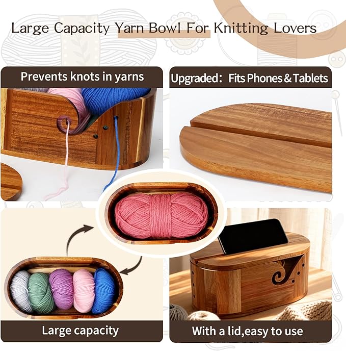 Large Oval Yarn Bowl, Crochet Bowl with 9 Crochet Hooks, Yarn Bowls for Crocheting, Gifts for People Who Love to Crochet, Acacia Wood, 11.4 x 5.9 x 5 Inch, A Gift from Nature