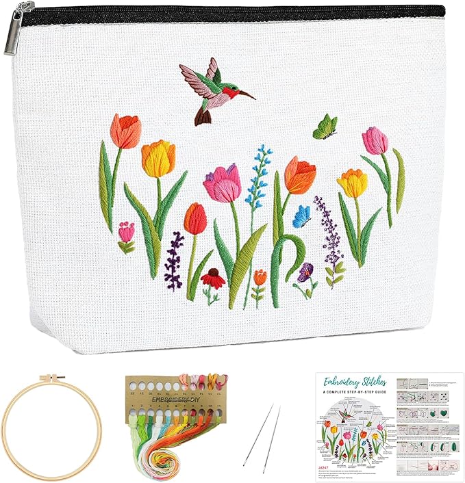 Louise Maelys Embroidery Kit for Beginners,Canvas Makeup Bag,Cross Stitch Kits for Adults,Arts Crafts Needlepoint-Tulip Flower Pattern