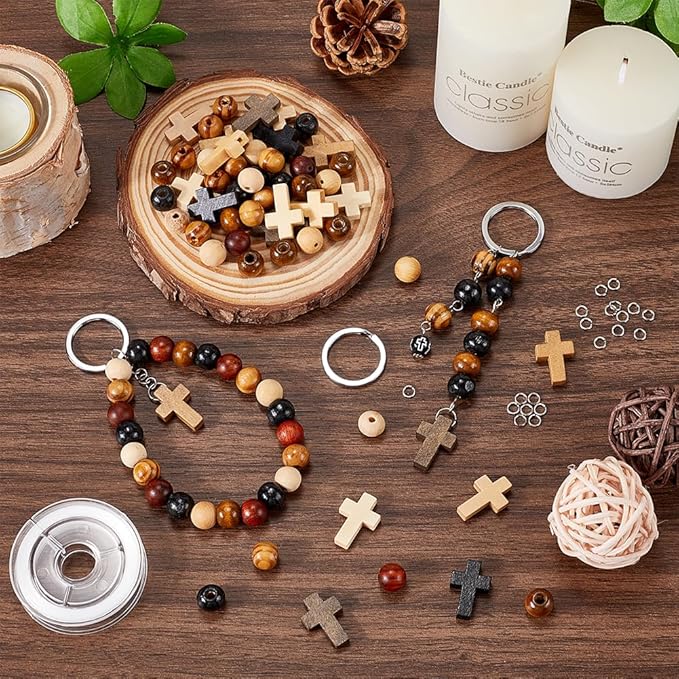 SUNNYCLUE 280Pcs Keychain Making Kit Wood Crucifix Charms Easter Wooden Cross Charms Mini Cross Charm Bulk Wood Cross Round Beads Split Key Rings for Keychains Holiday Beading Craft DIY Supplies