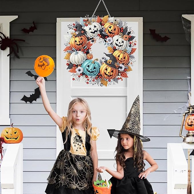 Diamond Art Hanging Kits for Adult, Pumpkin Wreath Diamond Art Crafts Decor, 5D DIY Acrylic Diamond Art Painting Ornaments, Window Pendants Wall Hanging Kits for Home Garden