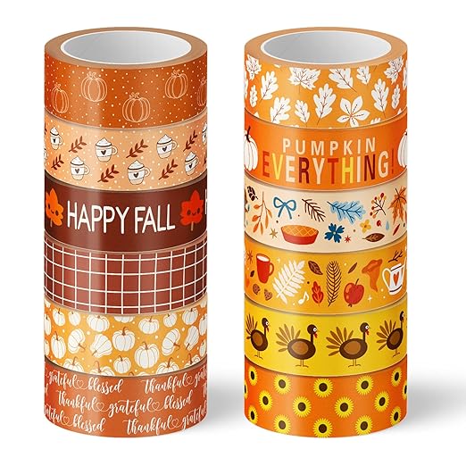 Whaline 12 Rolls Fall Thanksgiving Washi Tapes Assorted Autumn Pattern Decorative Tapes Pumpkin Turkey Dots Masking Tapes for Fall Thanksgiving Scrapbook Journal DIY Craft Gift Wrapping, 0.6Inch