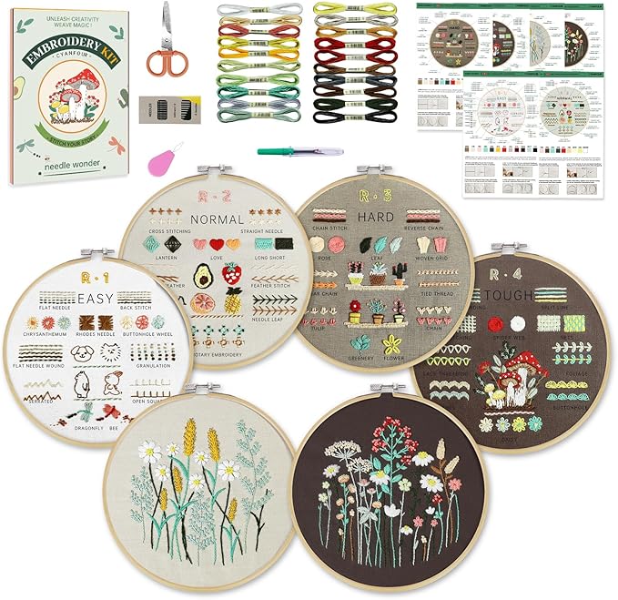 CYANFOUR 6 Stage Embroidery Kit for Beginners Adults, Easy to Learn 38 Different Stitches from Instruction & Video, Needlepoint Kits for Adults with Stamped Embroidery Patterns.