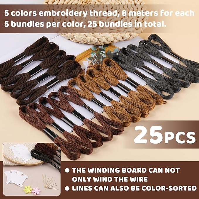25 Skeins Embroidery Thread, Brown Series Cotton Embroidery Floss, Cross Stitch Threads Embroidery Thread Floss Bracelet String Including Floss Bobbins for DIY Bracelet Making Craft