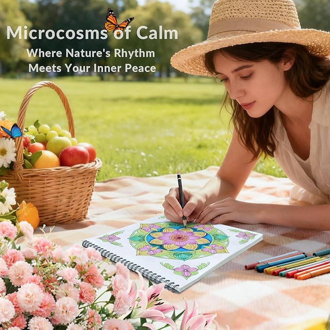 FUN LAVIE Adult Coloring Book - Mandala Coloring Books for Adults Relaxation and Teens Stress Relief, Featuring Large Print Mandalas Insect & Bloom Patterns for Women Mindfulness, Spiral Bound