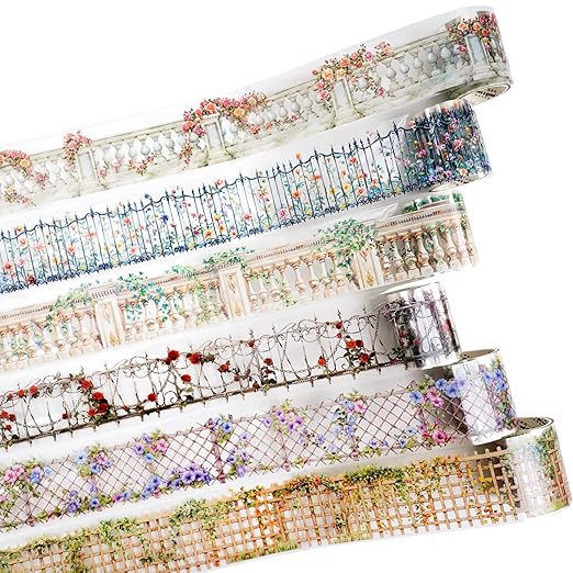 Floral Trellis PET Tape Set - 6 Rolls of Seamless Vintage Balcony & Vine Designs with 1 Metal Clip, Self-Adhesive Waterproof Decorative Tapes for Scrapbook Journal and DIY Décor