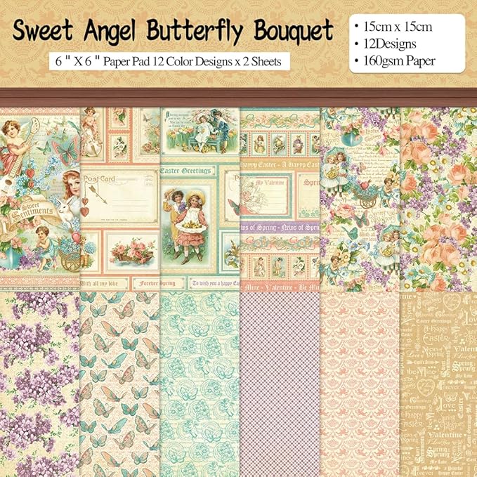 6x6” 160gsm cardstock Single Sided Scrapbooking 24 Papers Pad vintage decoupage scrapbook kit patterned paper junk journal supplies journaling supply scrap paper crafting Angel