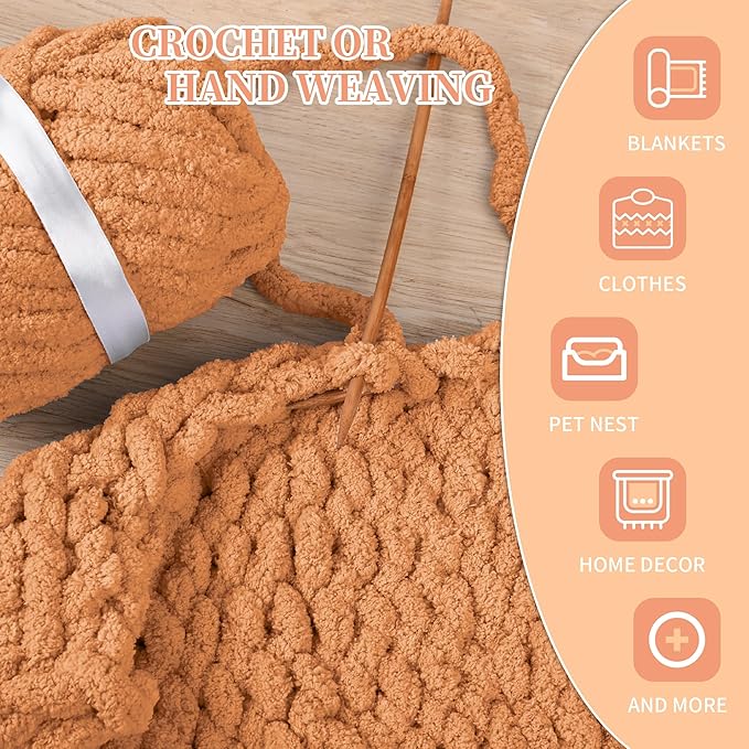 8 Packs Jumbo Chenille Chunky Yarn for Crocheting Knitting, Handcrafts & Blanket Yarn (Orange, 8 Pack)