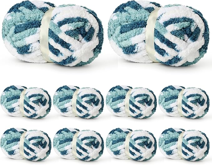 10 Pack Jumbo Chunky Yarn for Hand Knitting, Fluffy Variegated Chunky Chenille Yarn for Crocheting, 240yds/70.5oz Super Bulky Soft Crochet Baby Blanket Yarn(Fresh Blue)