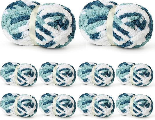 10 Pack Jumbo Chunky Yarn for Hand Knitting, Fluffy Variegated Chunky Chenille Yarn for Crocheting, 240yds/70.5oz Super Bulky Soft Crochet Baby Blanket Yarn(Fresh Blue)