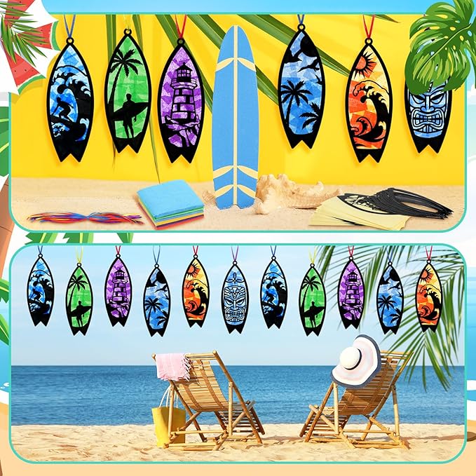 30 Pcs Beach Surfboard Suncatchers Paper Craft Set Sea Ocean Beach Surfboard DIY Stained Glass Effect Tissue Paper Kits Gift Bulk for Summer Activities Art Party Decor