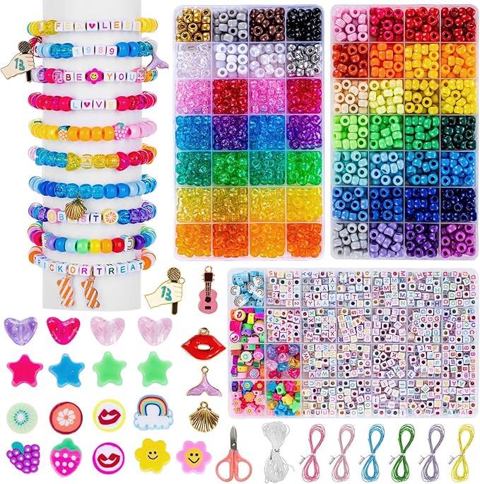 Goldwise Friendship Bracelet Making Kit - 56 Colors Pony Beads, 800 Letter Beads (A-Z) & Variety Charms for Jewelry Making, Rainbow Kandi Beads for DIY Crafts Gifts Party Favors