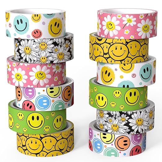 12 Rolls Smile Face Washi Tape Set, Cute Flower Decorative Tape, Colorful Cartoon Masking Tape for Journaling Supplies, Junk Journal, Scrapbooking, DIY Arts & Crafts Supplies
