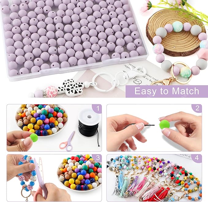 160Pcs 12mm Silicone Beads for Keychain Making Bracelet Necklace, Bulk Round Silicone Beads for Pens（Lilac）