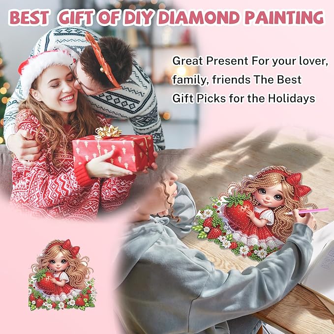 Bowetile Diamond Art Hanging Kits for Adults, Diamond Art Suncatchers Cute Strawberry Girl, 5D Special Shape Diamond Painting Pendant Window Ornament Gifts for Home Wall Door Garden Decor