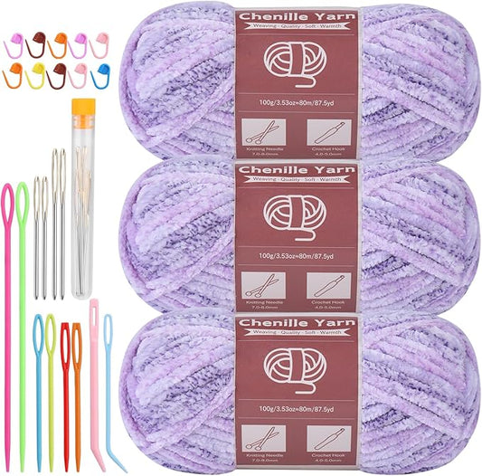 LUNARM Chenille Yarn for Crocheting Knitting, 3 Skein 10.58 oz / 263 Yard Thick Soft Chunky Fluffy Weaving Plush Yarn for Blankets Clothes Pattern with Big Eye Needles(Purple Gradient)