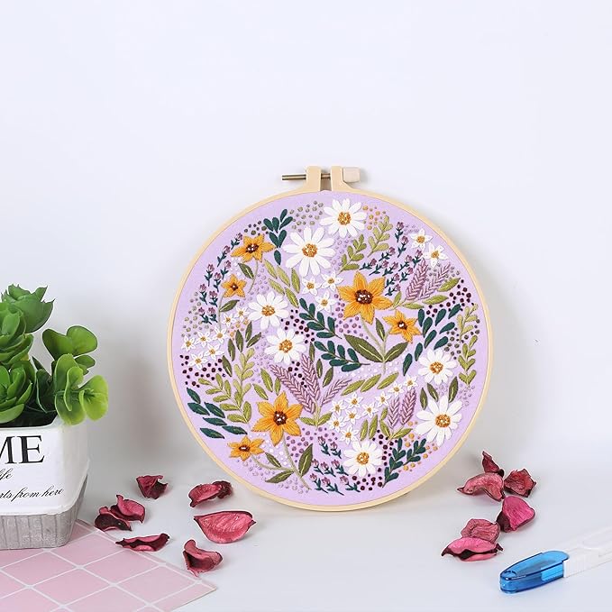 myfelicity embroidery kit, adult embroidery material set with cute flowers and plants patterns. 3 embroidery clothes and colors threads. 1 hoop. (flowers-a)